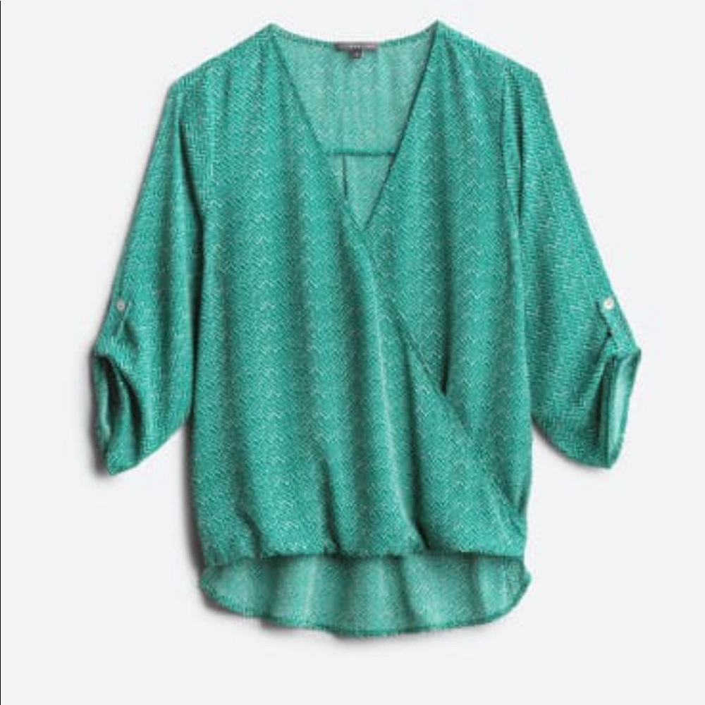 Green and white high low blouse